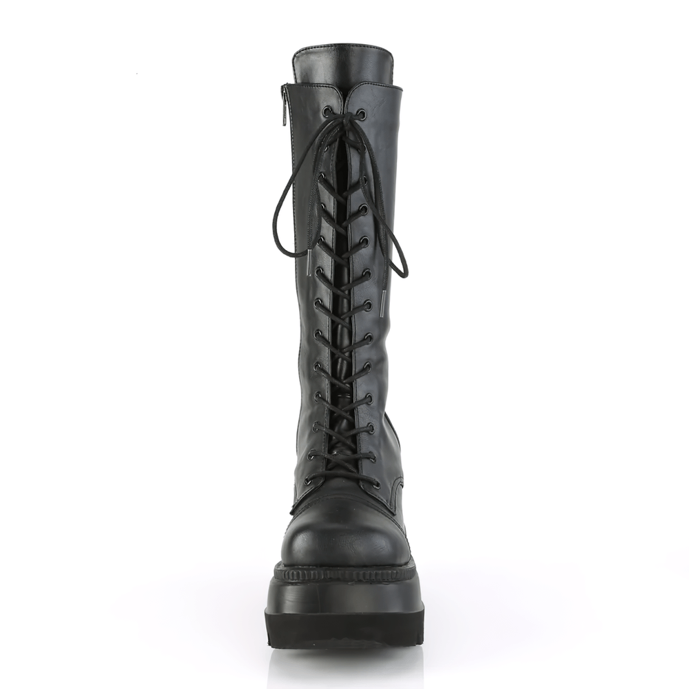 Black mid-calf lace-up platform boots for women, featuring a 4.5-inch wedge and sleek vegan leather.