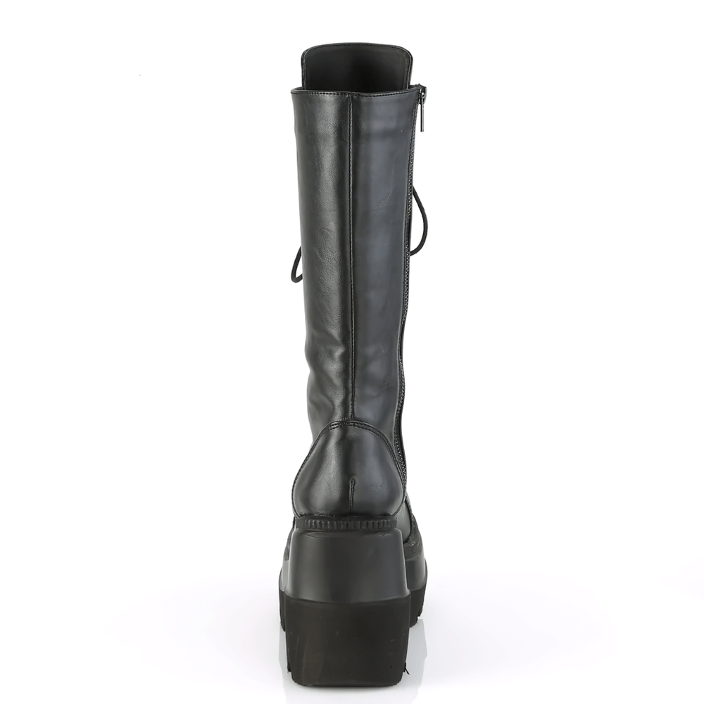 Back view of DEMONIA mid-calf lace-up platform boots in black vegan leather with full-length zip and edgy style.