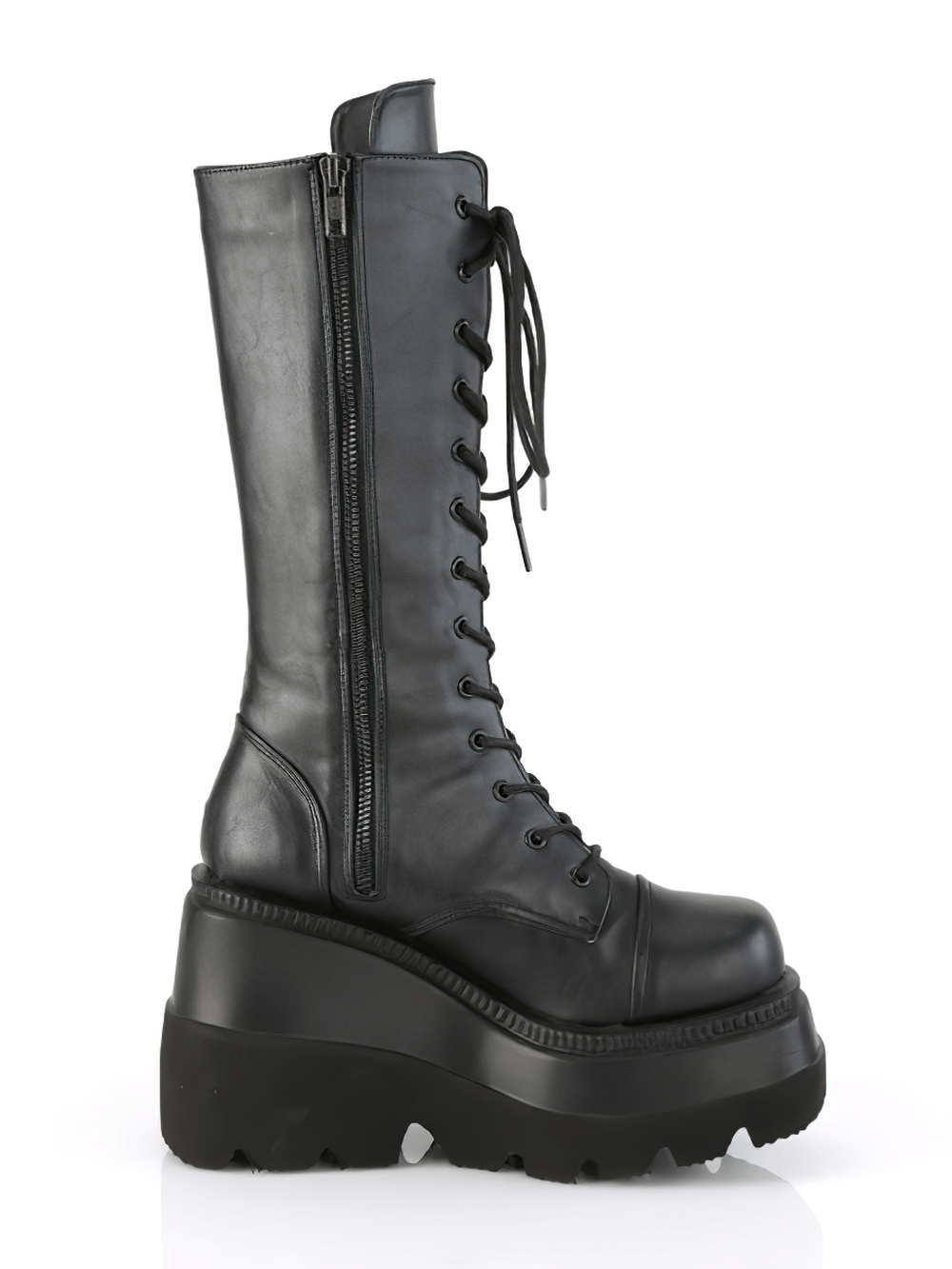 Demonia mid-calf lace-up platform boots for women in sleek black vegan leather with a wedge platform.