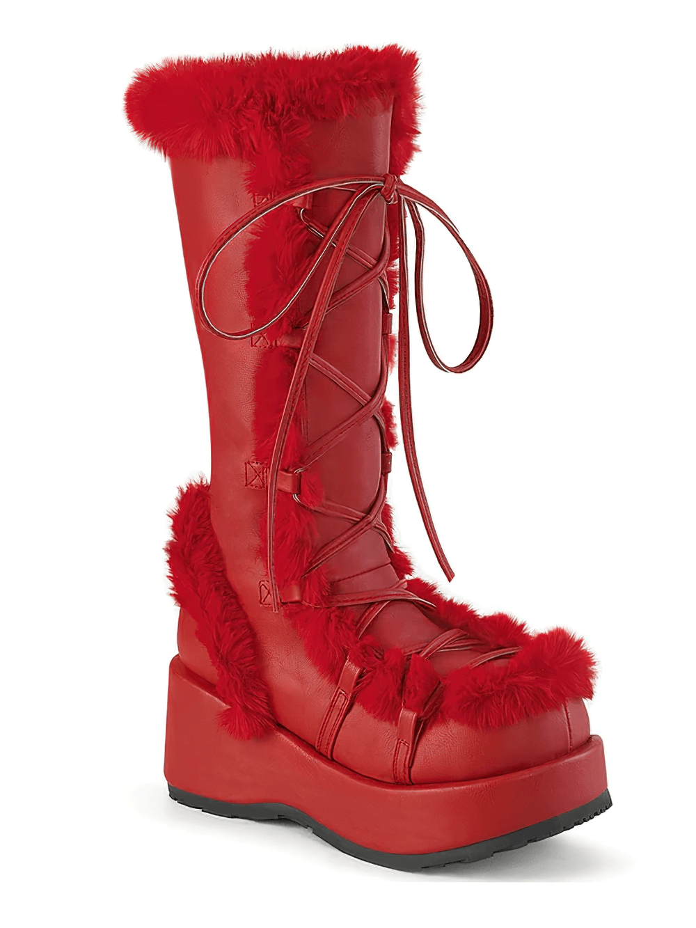 DEMONIA Mid-Calf Lace-Up Red Boots with Faux Fur Trim