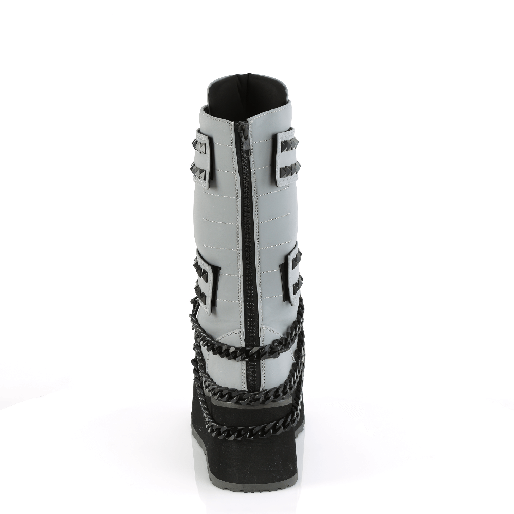 DEMONIA Mid-Calf Reflective Gray Boots with Chain Detailing