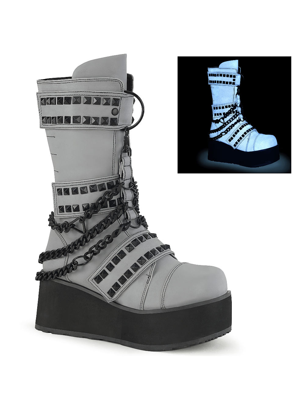 DEMONIA Mid-Calf Reflective Gray Boots with Chain Detailing