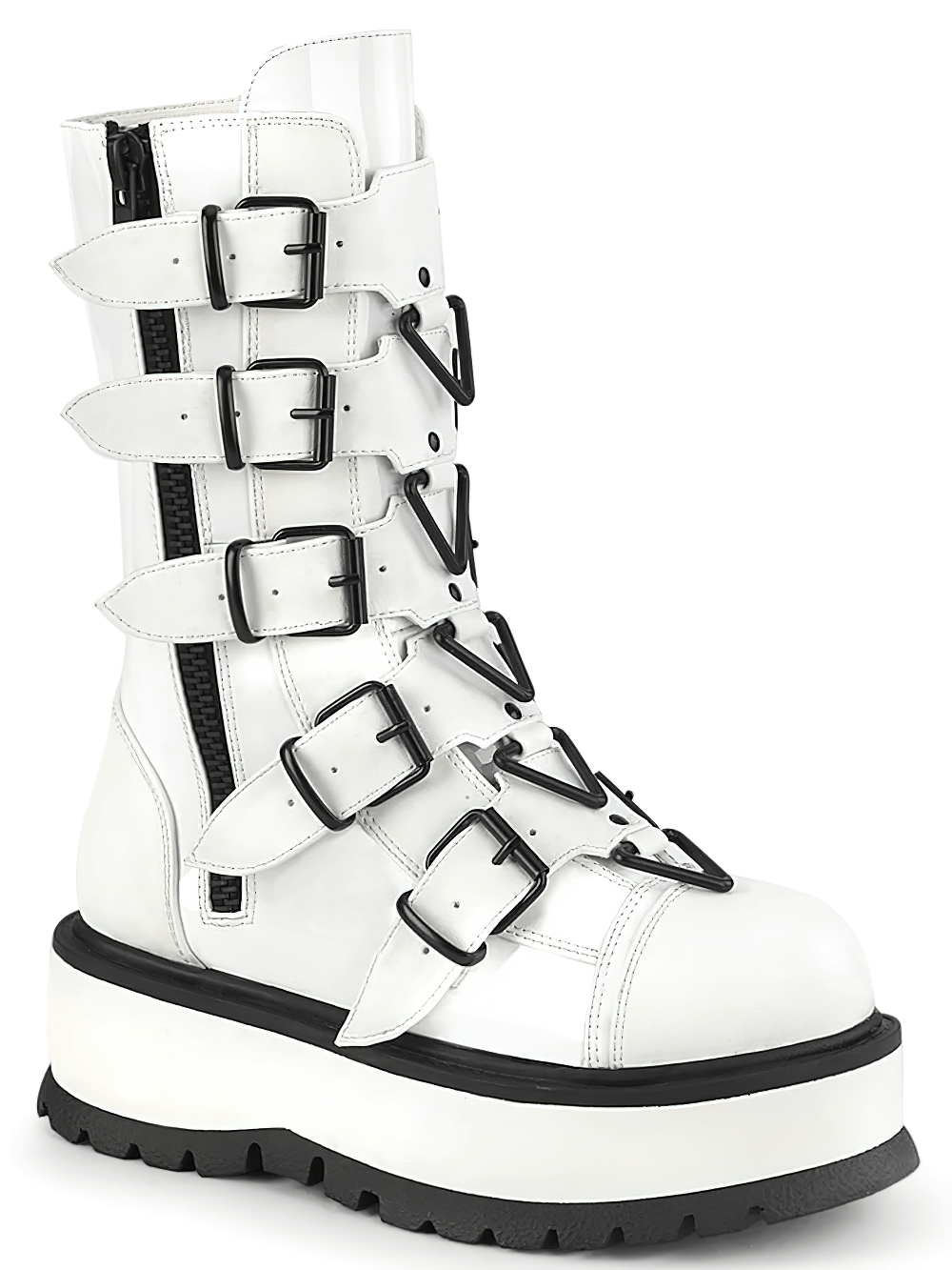 DEMONIA Mid-Calf White Buckle Platforms Boots for Women