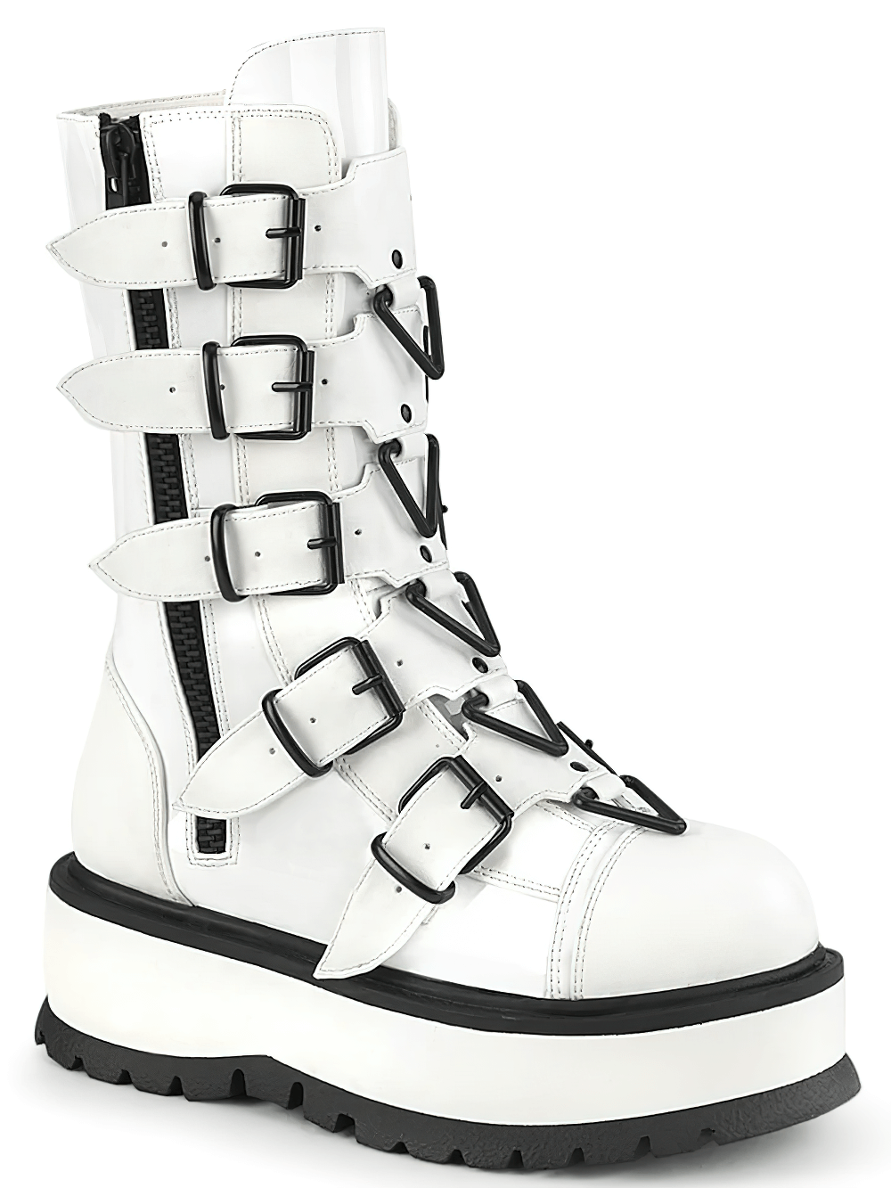 Demonia mid-calf white buckle platform boots for women with a zip closure and stylish straps.