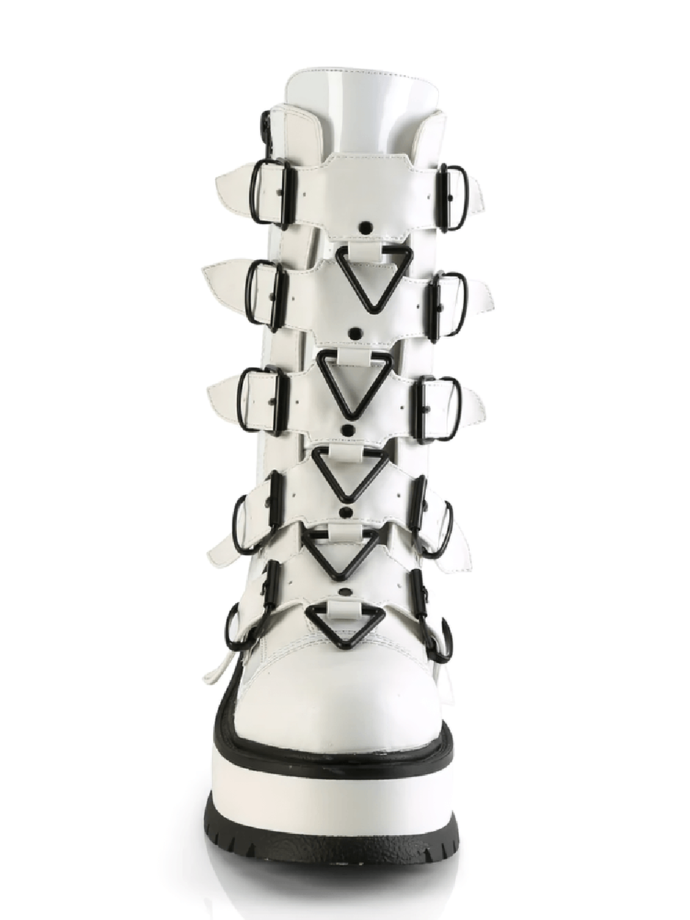 White mid-calf buckle platform boots with five straps and triangle rings for edgy women's fashion.