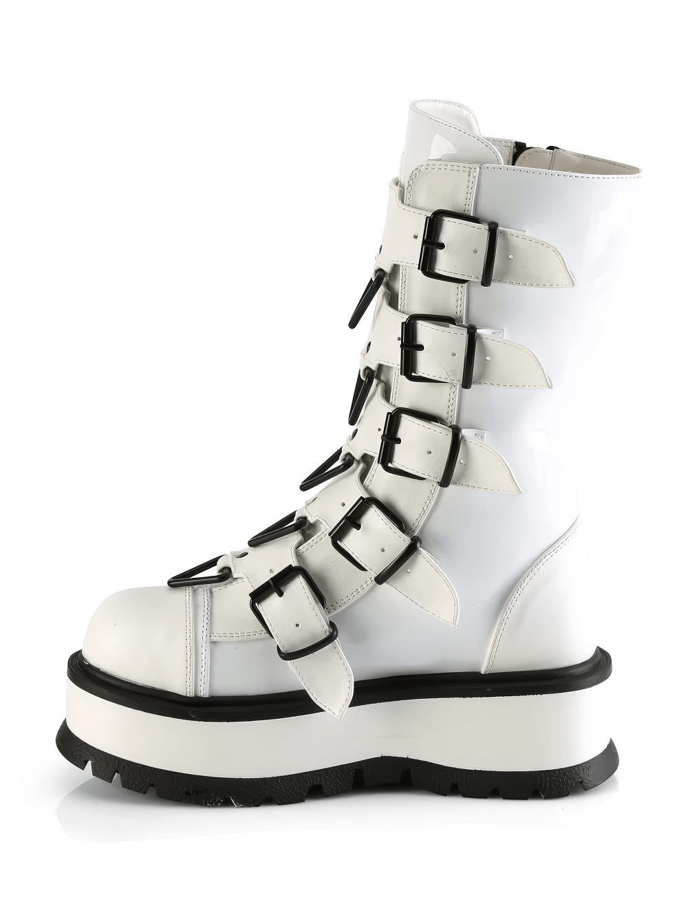 Demonia mid-calf white buckle platform boots for women showcasing straps and metal rings.