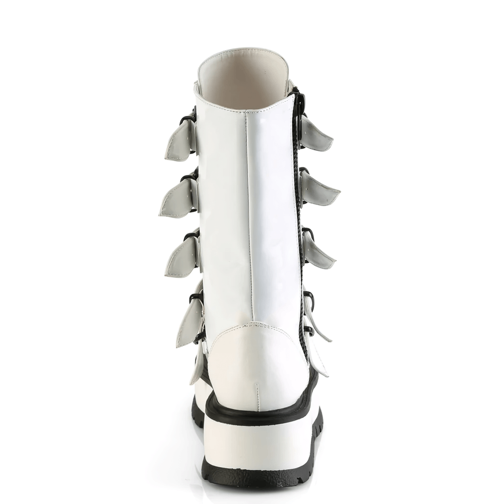 Back view of DEMONIA mid-calf women's white buckle platform boots with metal rings and zip closure.