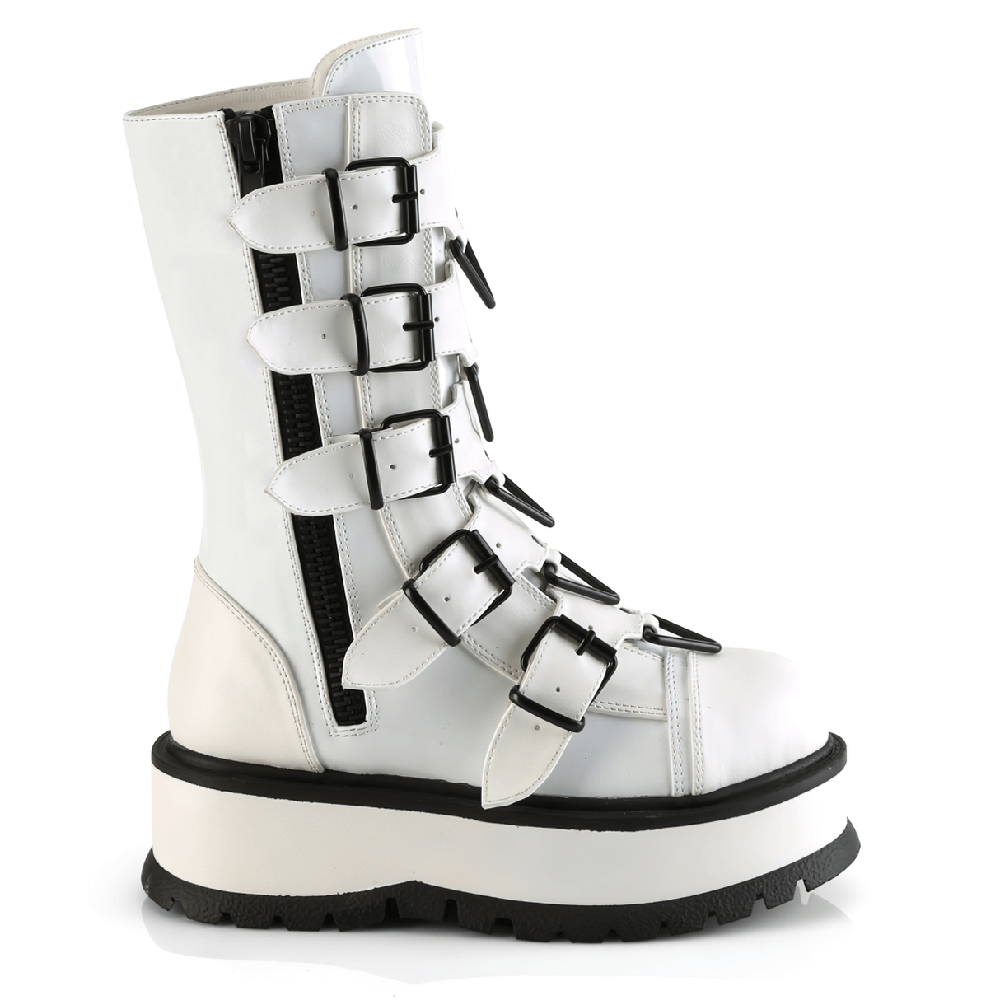 Demonia white mid-calf platforms boots with buckles and zip, perfect for edgy women's fashion.