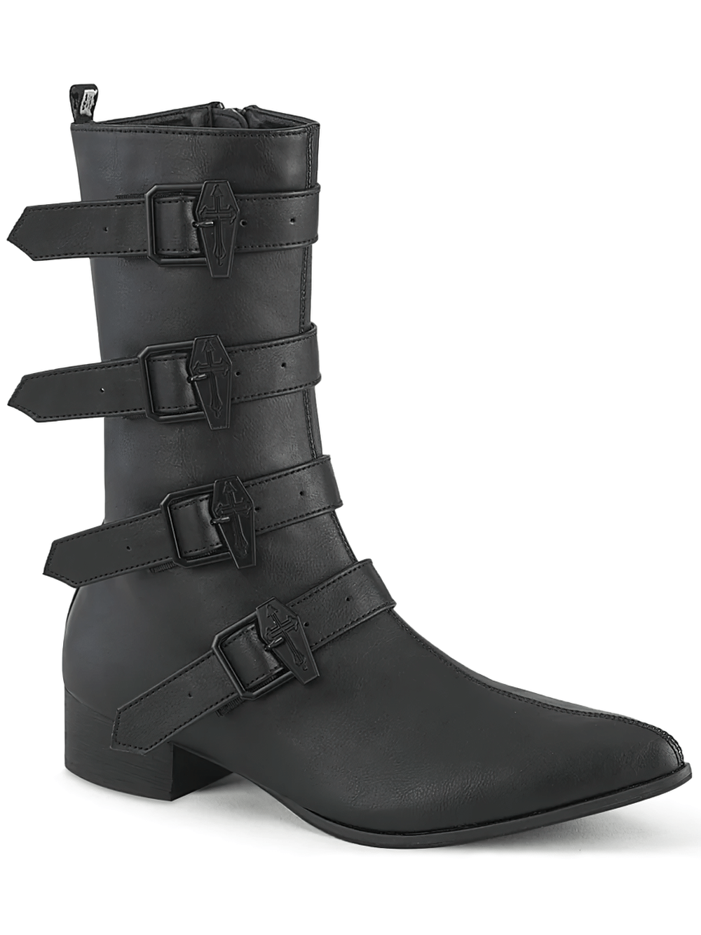 Demonia vegan leather mid-calf boots with pointed toe and multi-coffin buckle straps, perfect for dark fashion enthusiasts.
