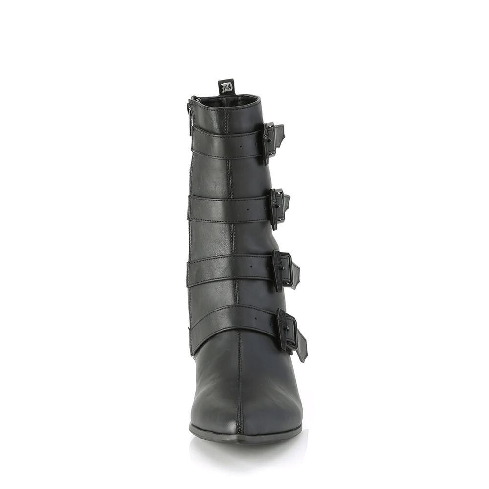 Demonia vegan leather mid-calf buckle boots with pointed toe and multi-coffin straps, perfect for edgy fashion.