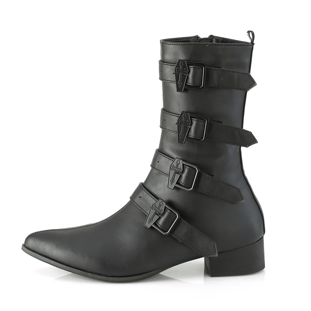 DEMONIA Multi-Strap Buckle Mid-Calf Boots with Pointed Toe