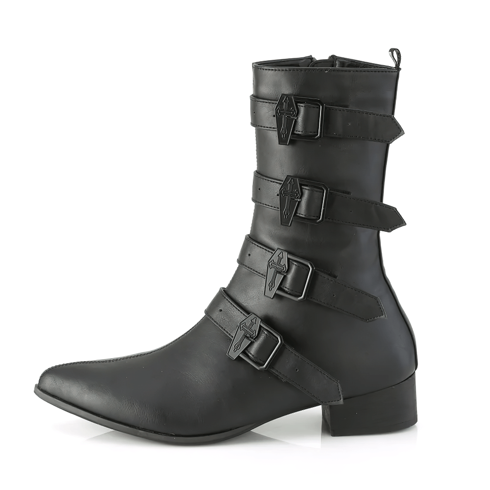 Demonia vegan leather mid-calf black boots with multi-coffin buckle straps and pointed toe, perfect for a dark fashion statement.