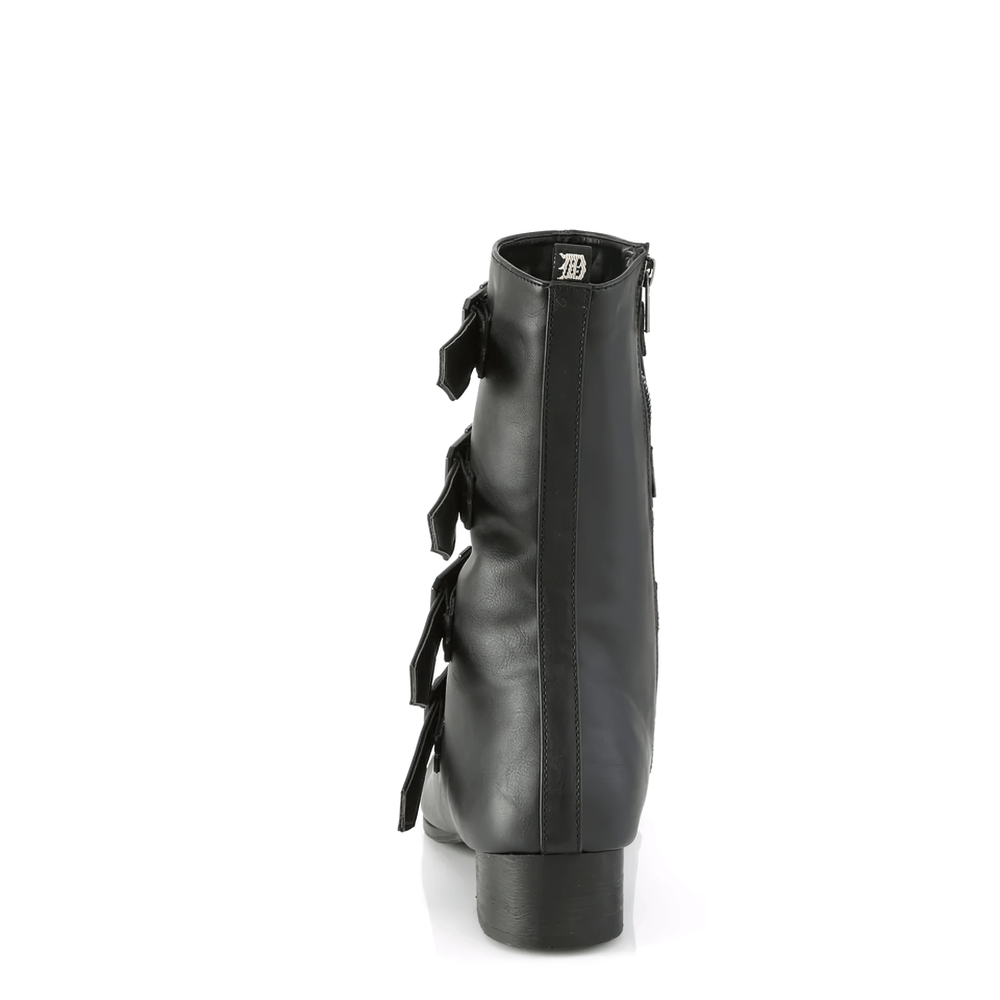 Black vegan leather mid-calf boots with multi-coffin buckle straps and pointed toe, ideal for a dark fashion statement.