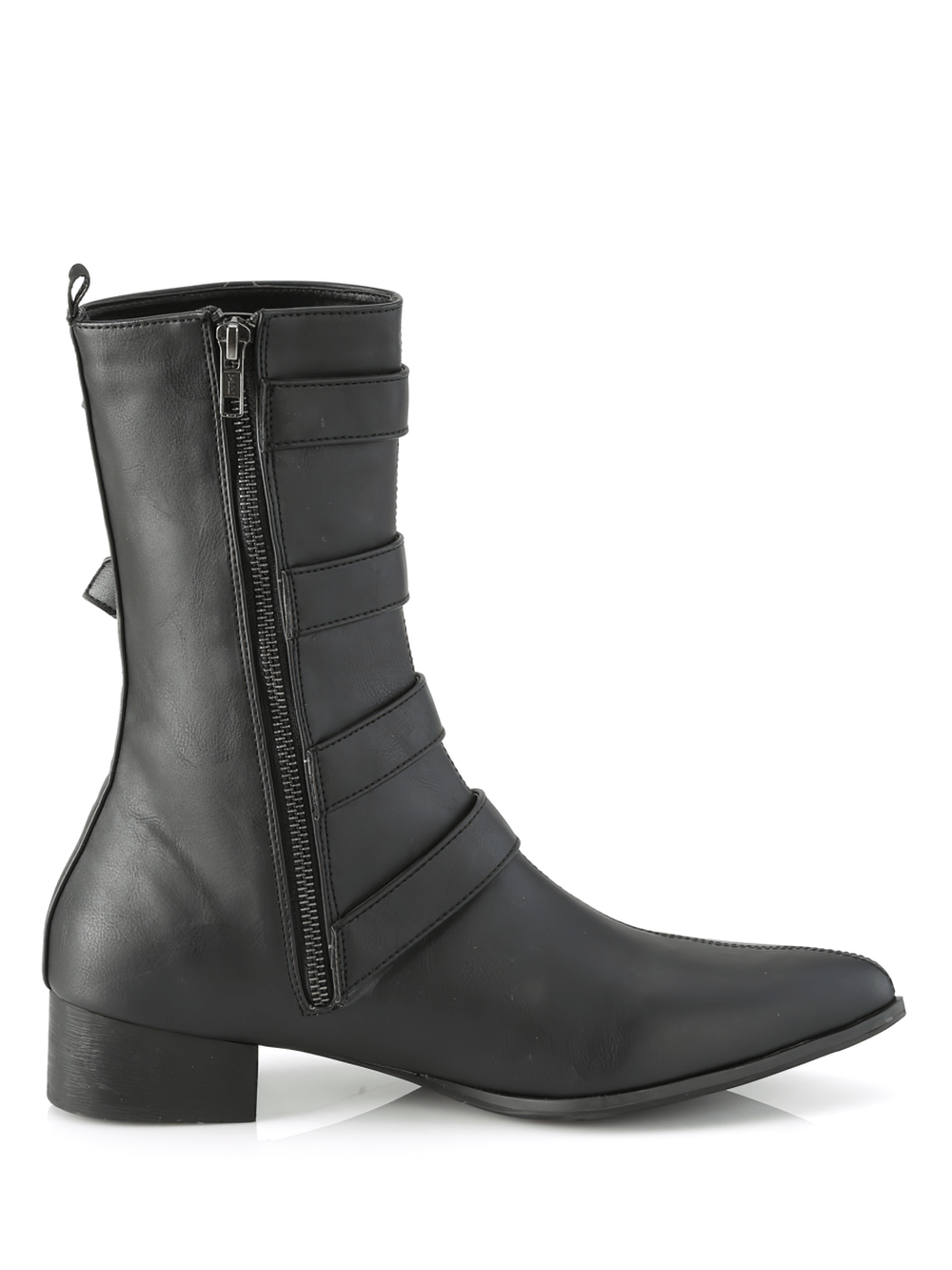 Demonia vegan leather mid-calf buckle boots with pointed toe and block heel, perfect for a chic dark ensemble.