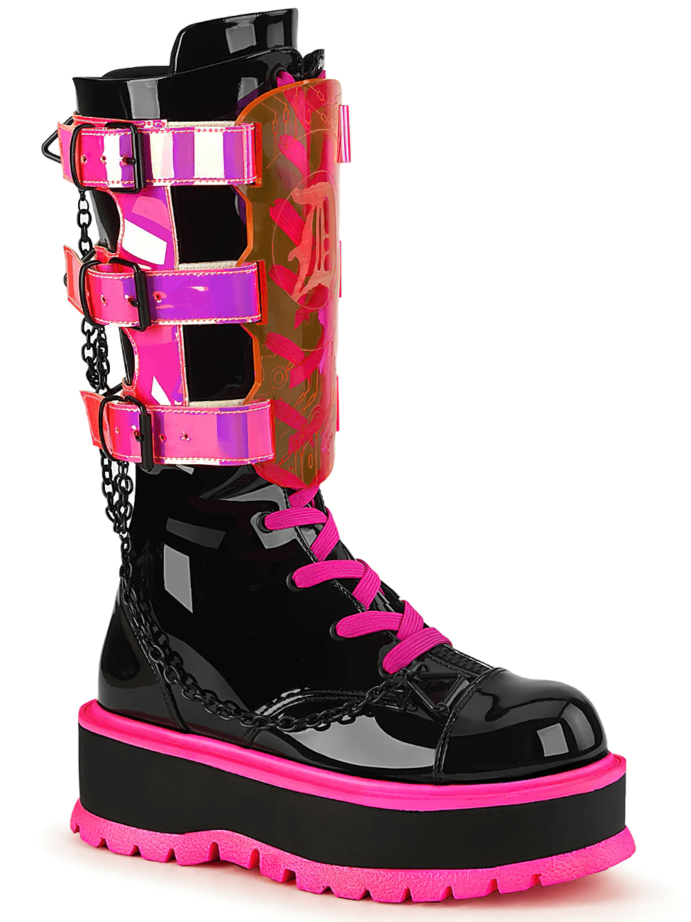 Demonia neon pink platform boots with clear straps and edgy chain detail, perfect for a goth fashion statement.
