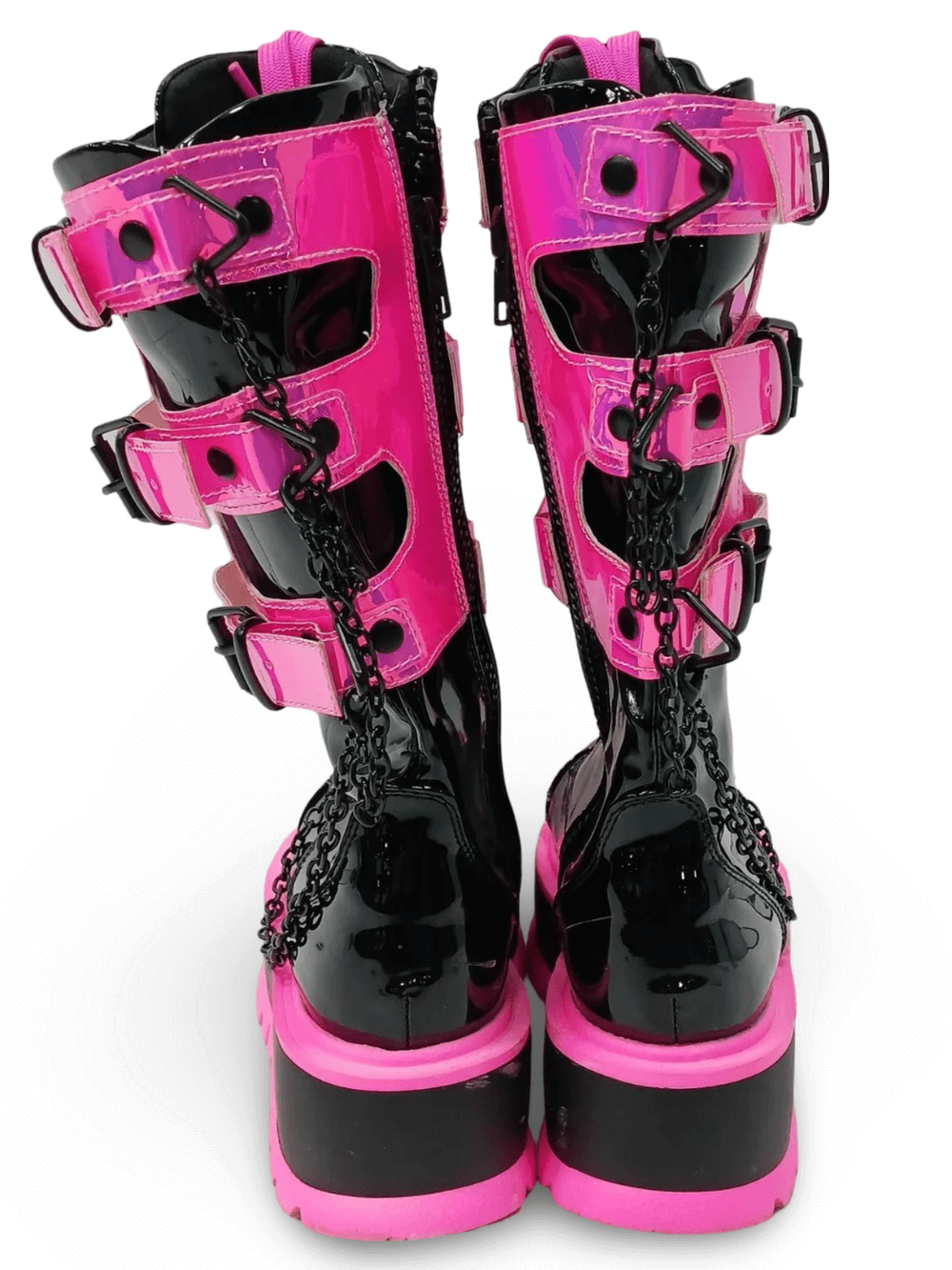 Demonia neon pink platform boots with clear straps, featuring lace-up design and edgy chain details on black patent leather.