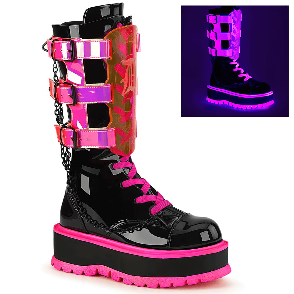 DEMONIA Neon Pink Platforms Boots with Clear Straps