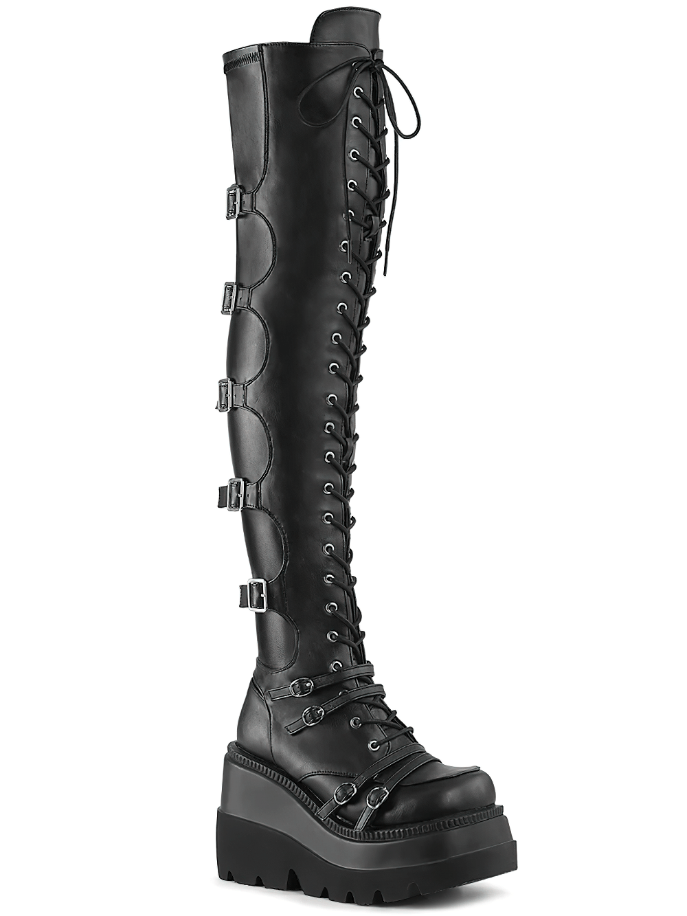 Daring over-the-knee black lace-up boots with platform and buckles, crafted from vegan leather for bold style.