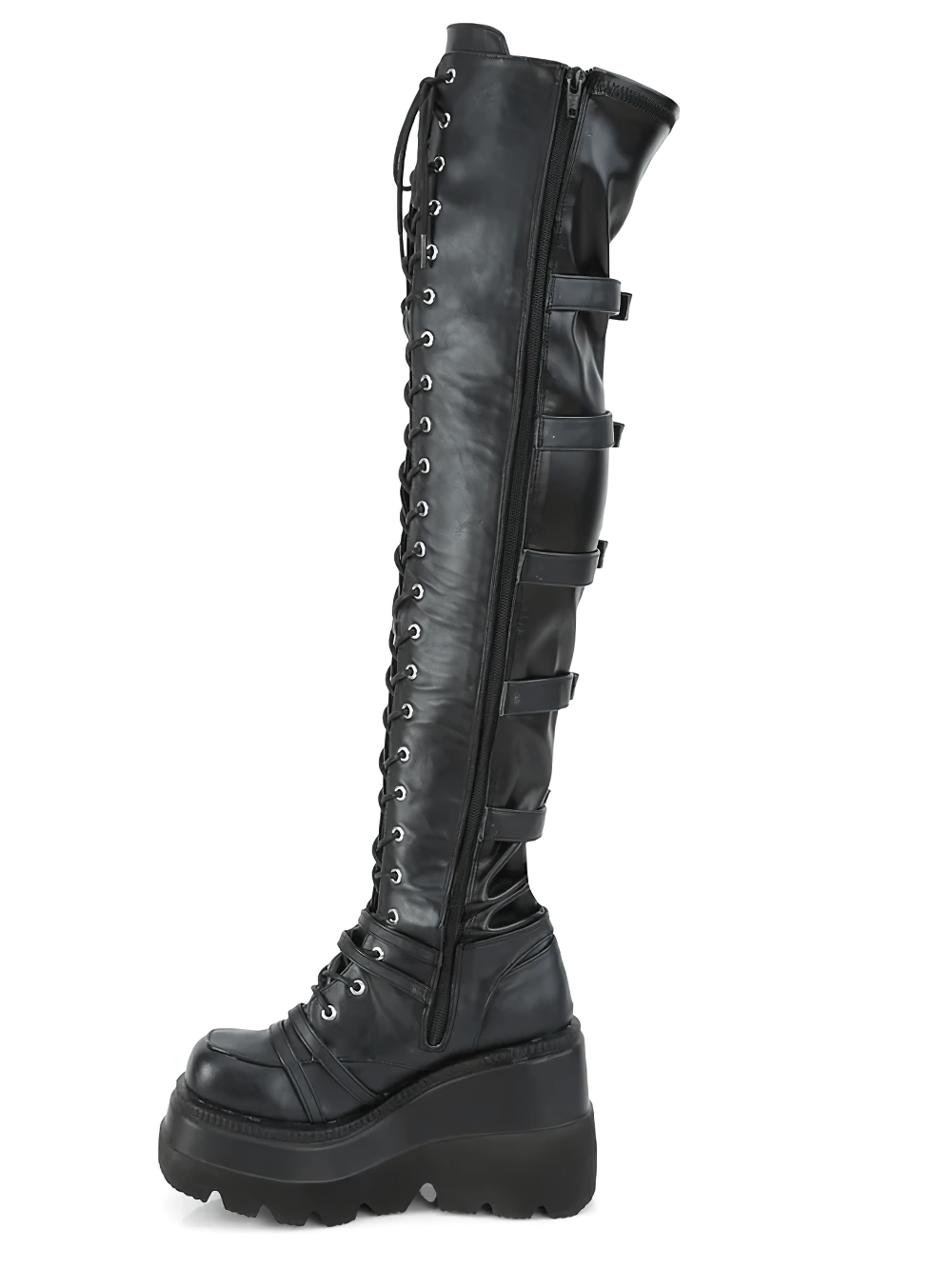Over-the-knee black lace-up platform boots with buckles and a sleek vegan leather finish.