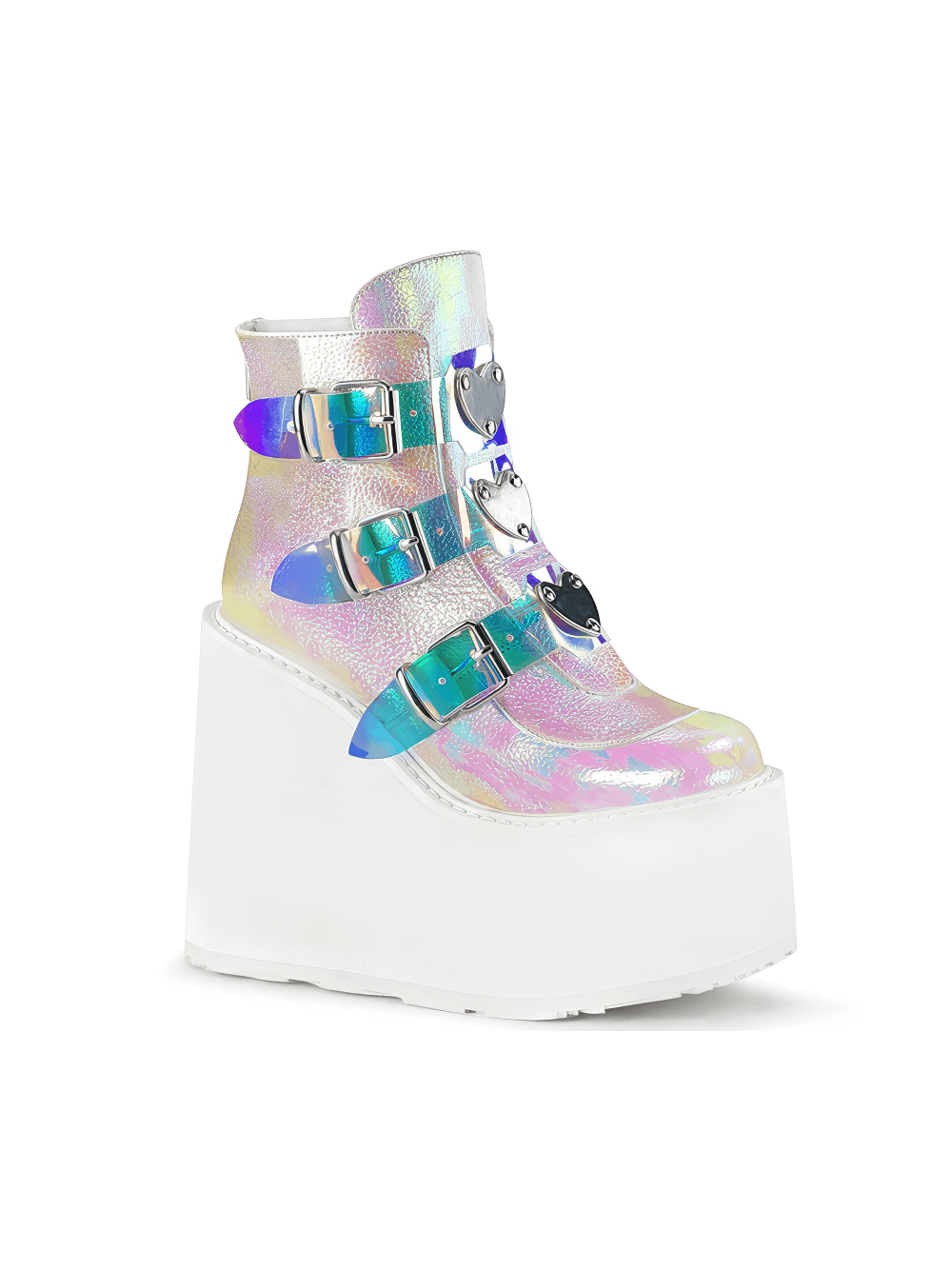 Demonia Pearl Vegan Leather Ankle Boot with platform and metal accents, shimmering in iridescent colors.