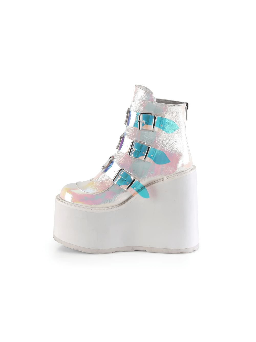 Iridescent pink vegan leather ankle boots with platform and metal accents, showcasing a stylish, edgy design.