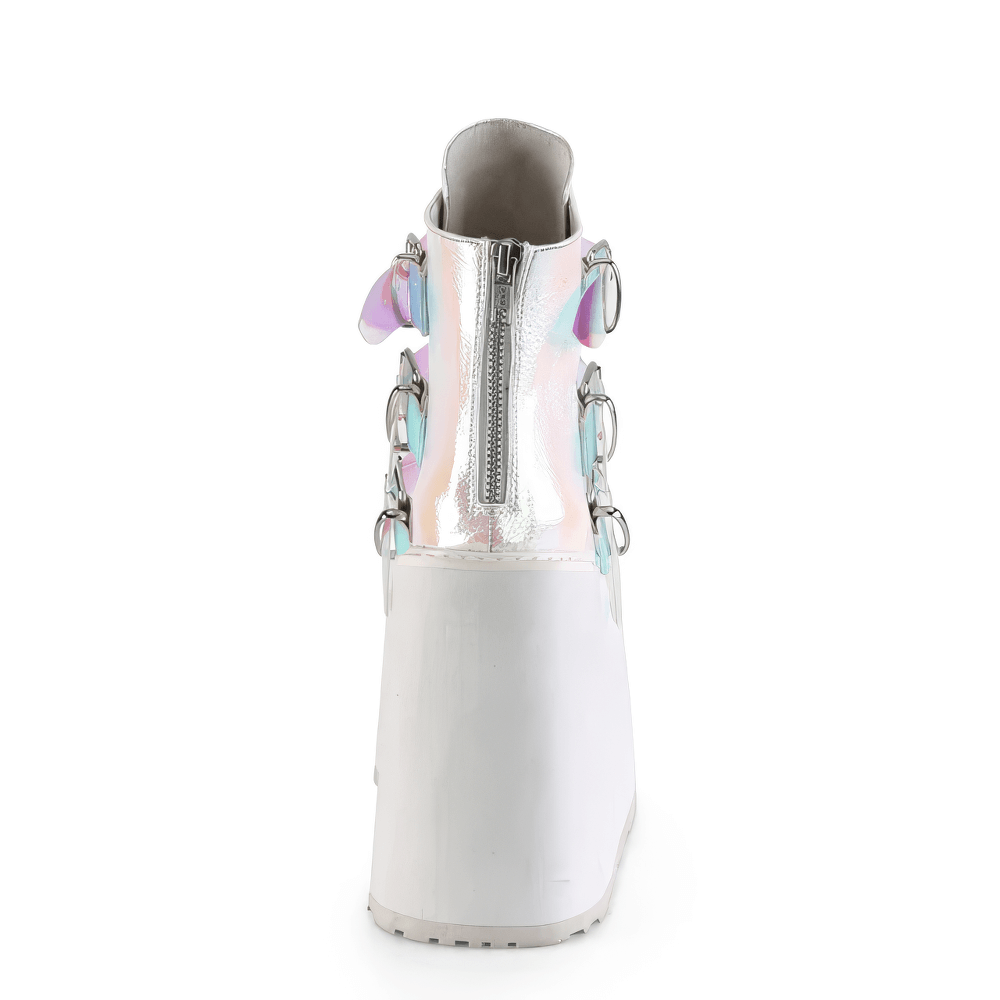 Back view of DEMONIA pink vegan leather ankle boots with colorful metal accents and zip closure.