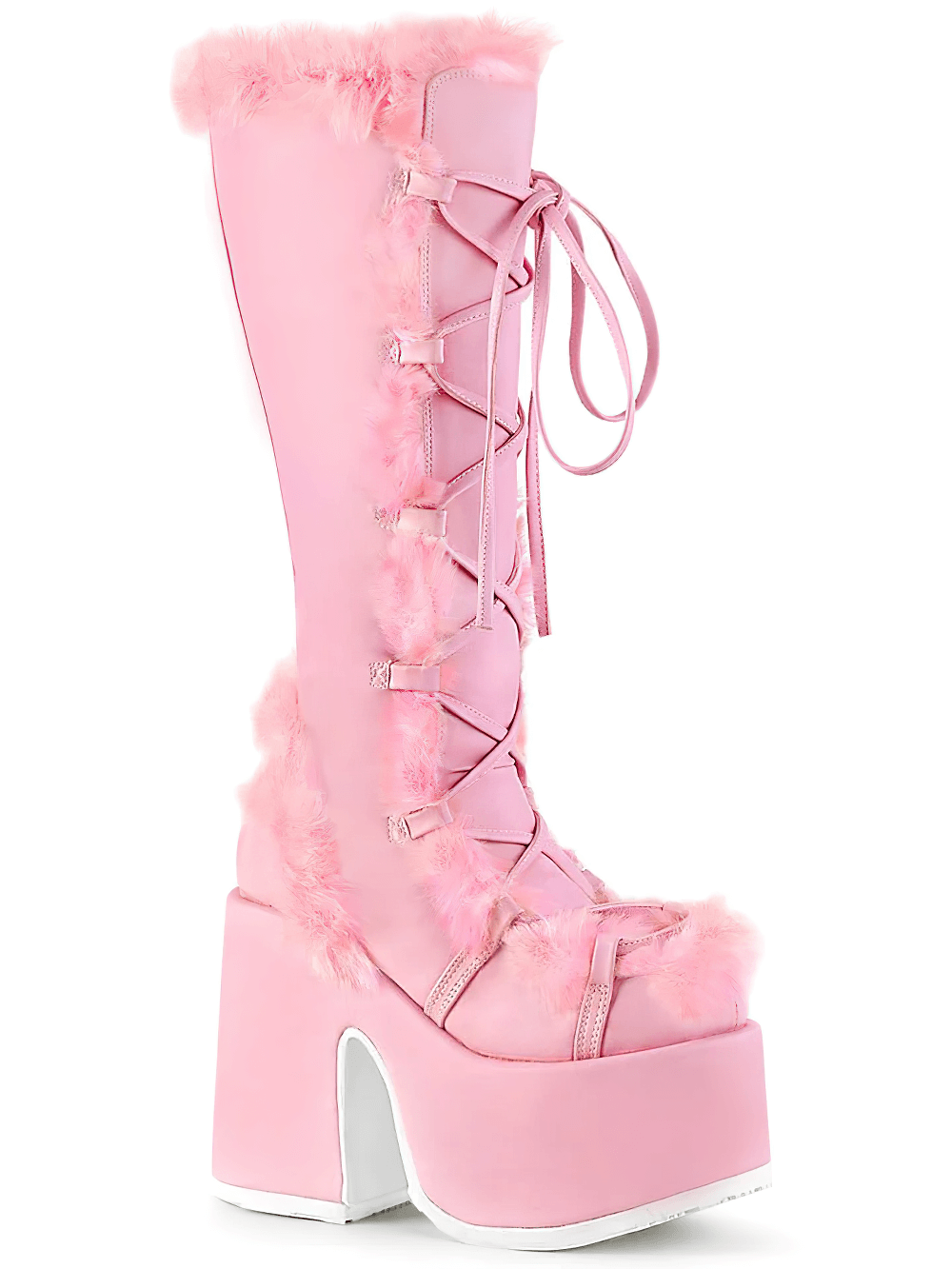Trendy Demonia pink faux fur trimmed knee-high platform boots with 5-inch heel and chic lace-up design.