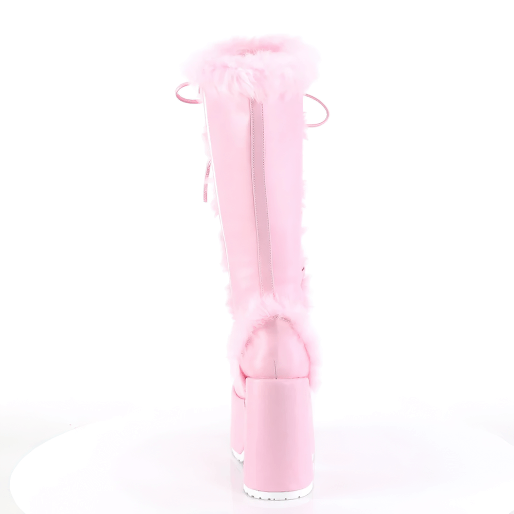 Back view of Demonia pink faux fur trimmed knee-high boots with chunky heel and platform.