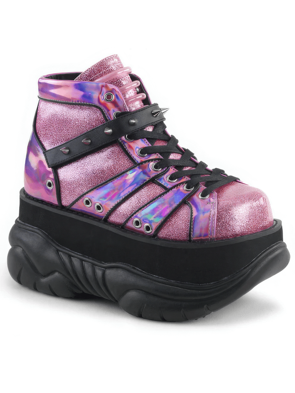 DEMONIA Pink Glitter Platform Ankle Boots with Cone Studs