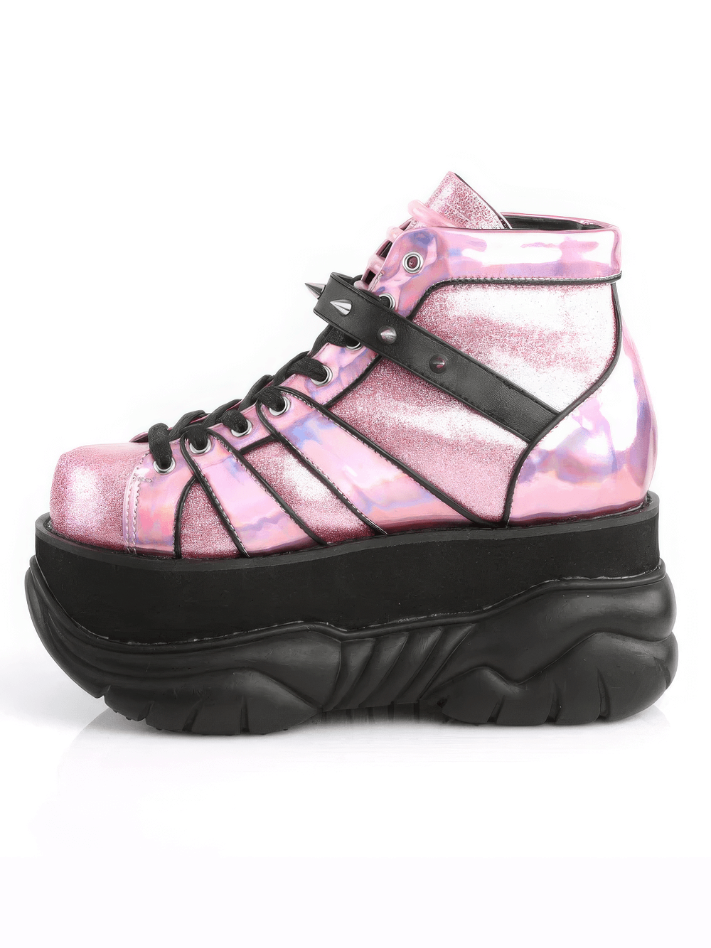 DEMONIA Pink Glitter Platform Ankle Boots with Cone Studs