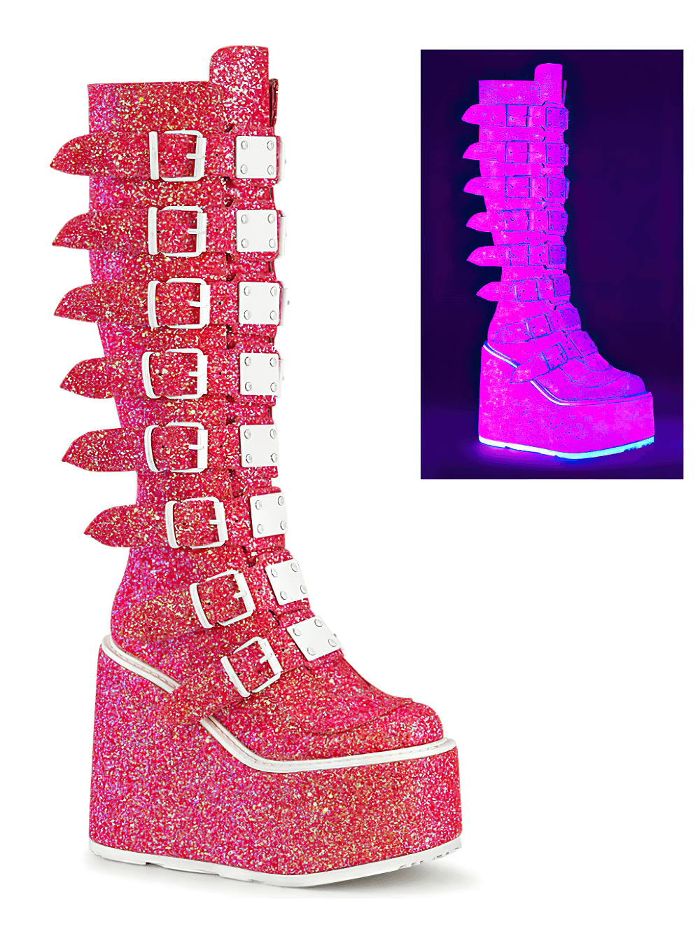 Daring pink glitter platform knee-high boots with buckles, perfect for a punk-inspired look and UV reactive glow.
