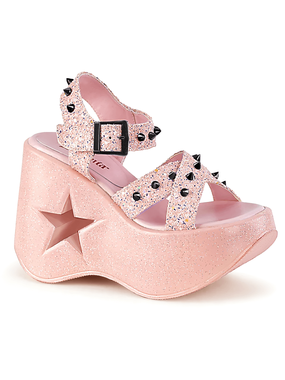 DEMONIA Pink Glitter Star Wedge Sandals with Spike Accents