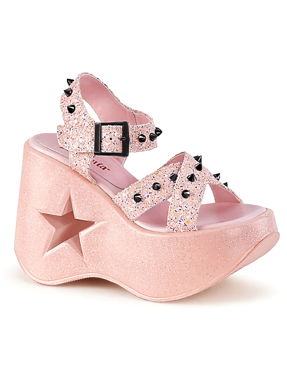 Demonia pink glitter star wedge sandals with spike accents for women, featuring a 5-inch wedge and criss-cross straps.