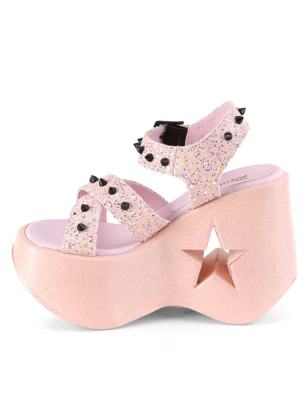 Edgy pink glitter star wedge sandals with cone spikes and criss-cross ankle straps for a stylish look.