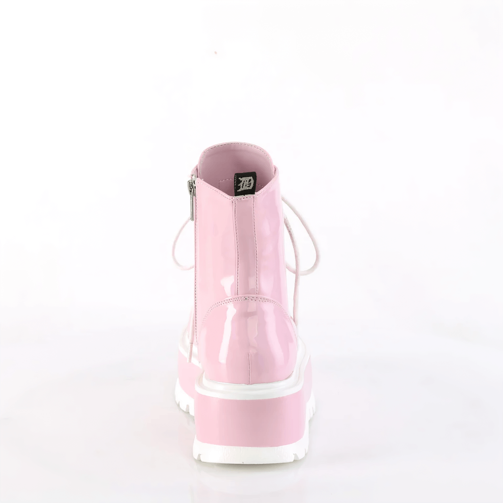 DEMONIA Pink Holo Ankle Boots with Inside Metal Zip Closure
