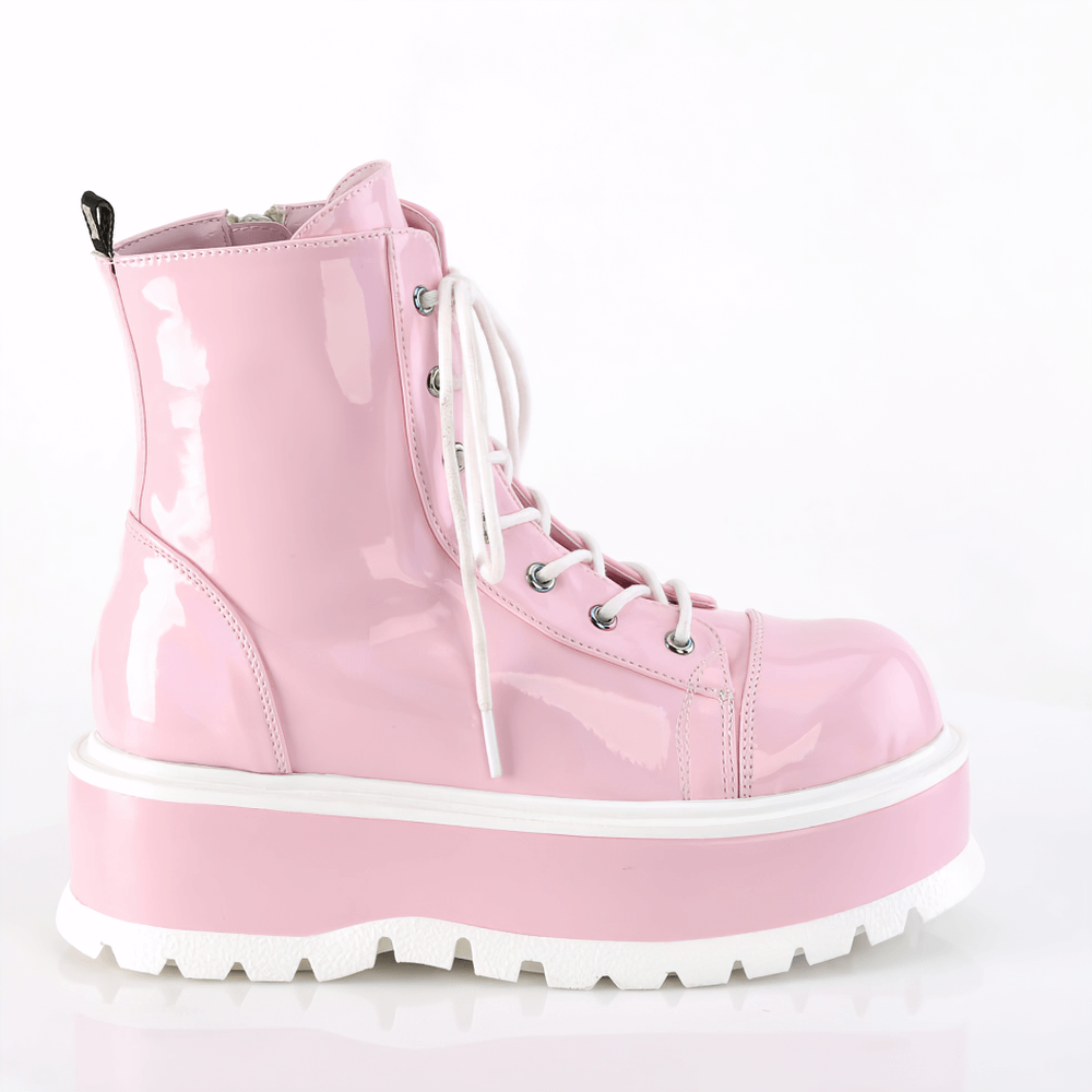 DEMONIA Pink Holo Ankle Boots with Inside Metal Zip Closure