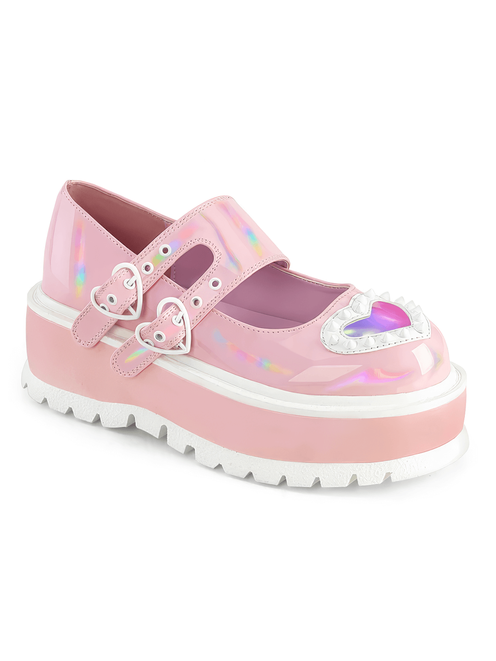 DEMONIA Pink Holo Mary Jane Shoes with Heart Buckle