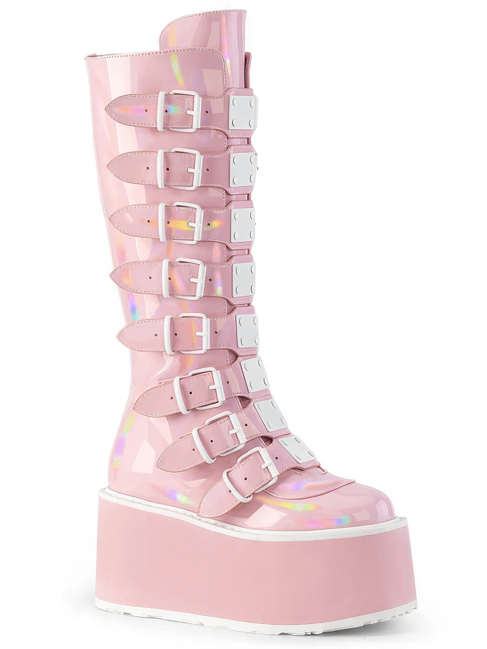 Edgy pink holographic knee-high platform boots with buckle straps and sturdy back zippers for a daring fashion statement.