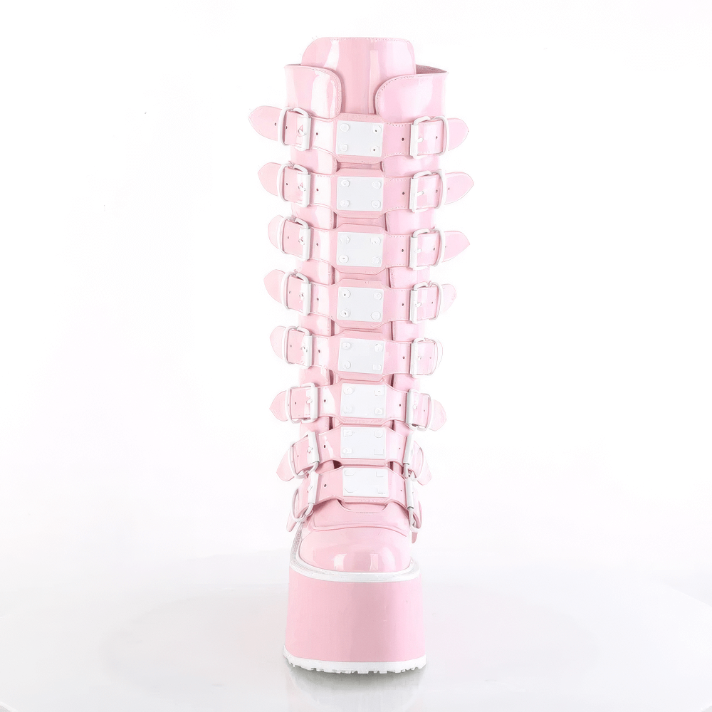 DEMONIA Pink Holo Patent Knee High Platform Boots