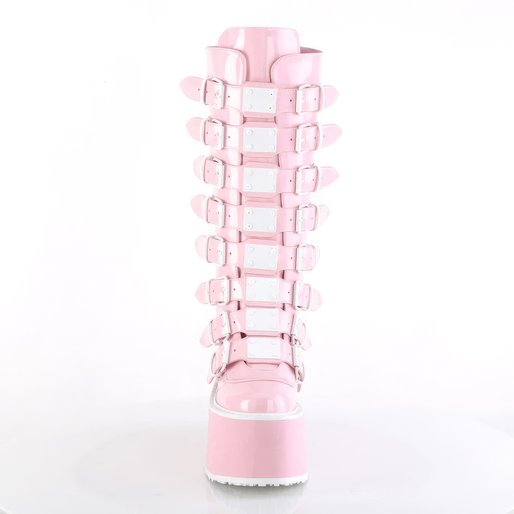 Pink holographic knee-high platform boot featuring eight buckle straps and a sturdy back zip.