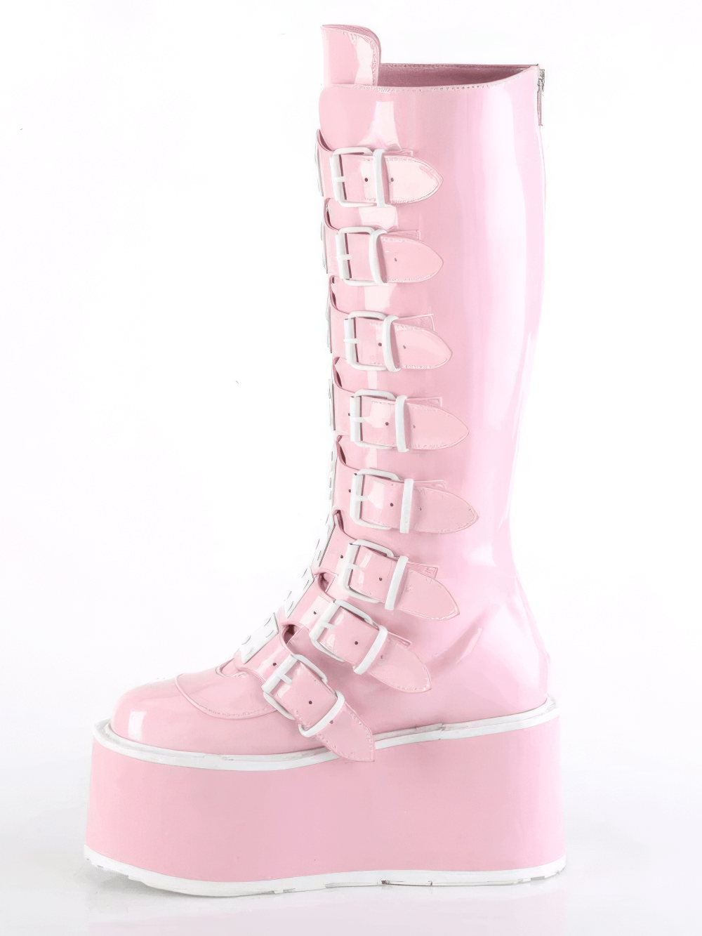 Edgy pink holographic knee-high platform boots with buckle straps and a sturdy metal zip.
