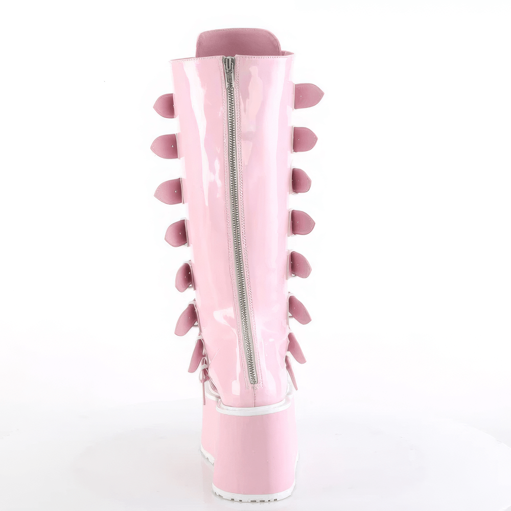 DEMONIA Pink Holo Patent Knee High Platform Boots