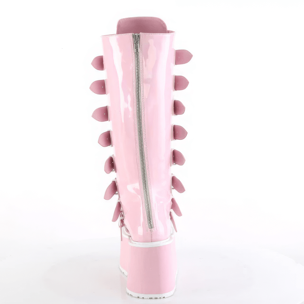 Back view of DEMONIA Pink Holo Patent Knee High Platform Boots with buckle straps and metal zip.