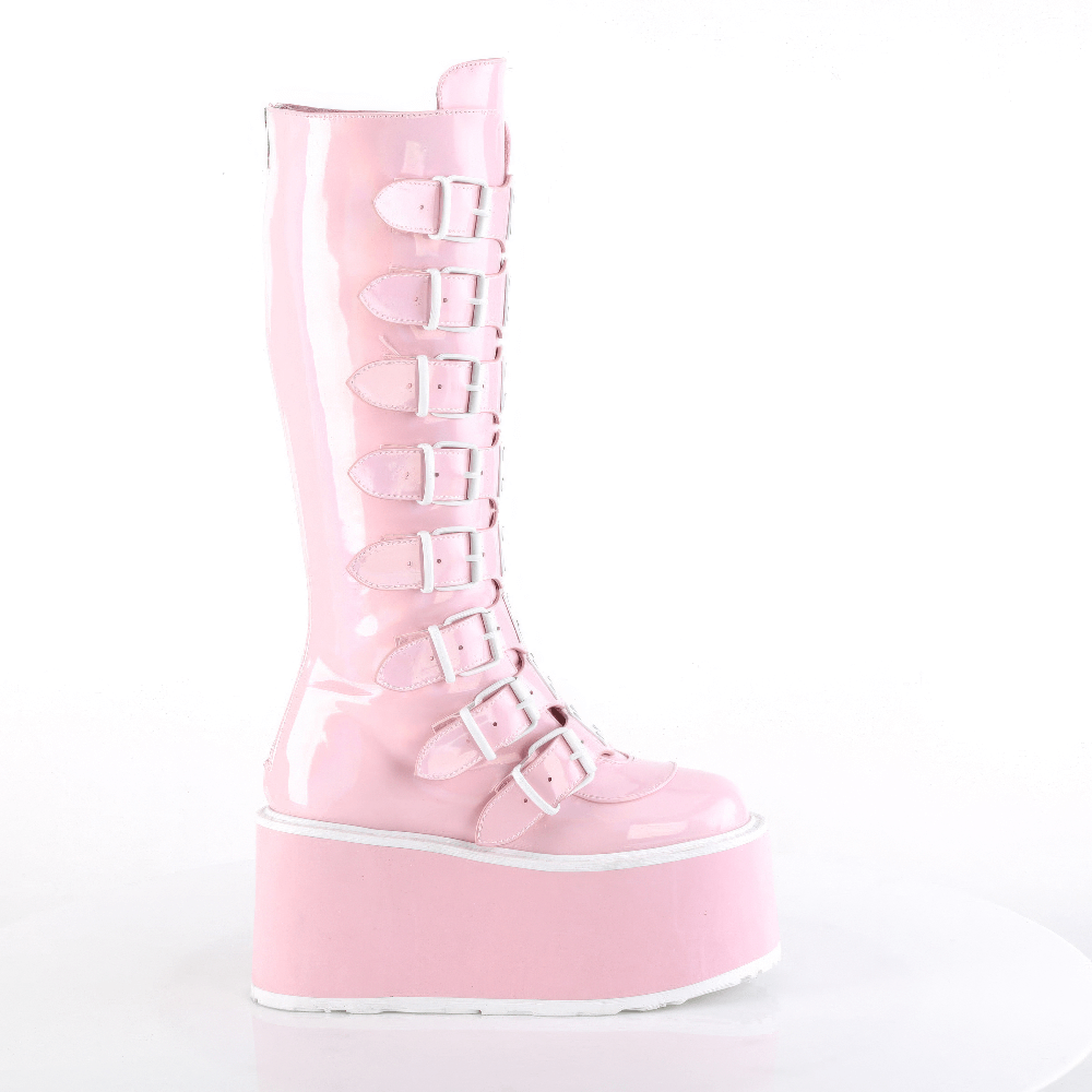 Daring pink holographic knee-high platform boots with buckle straps and a sturdy back zip.