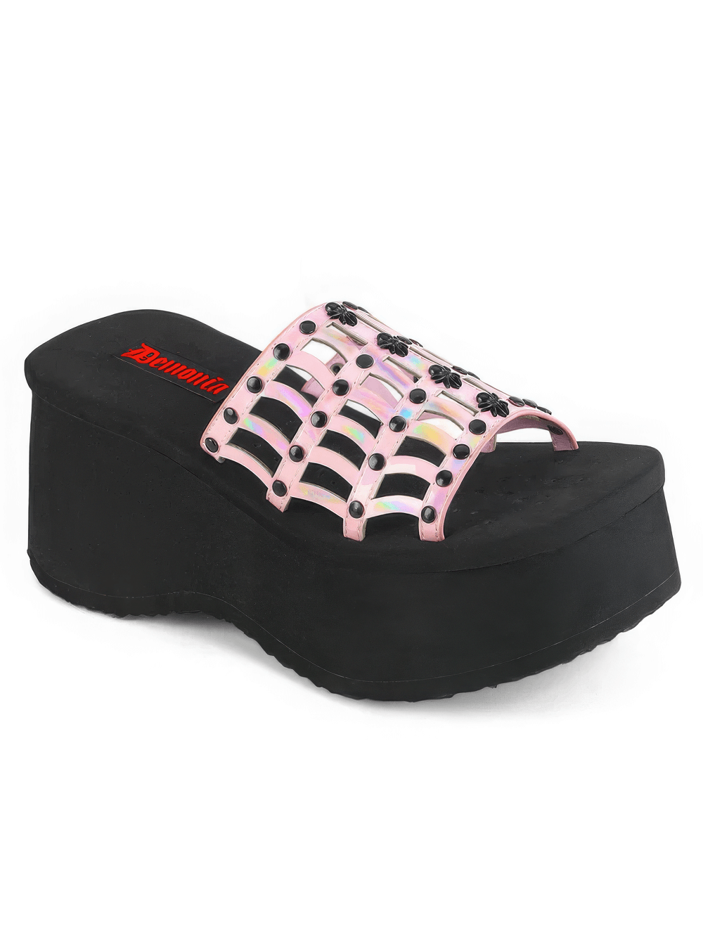 DEMONIA Pink Holo Platform Sandal with Spider Web Design