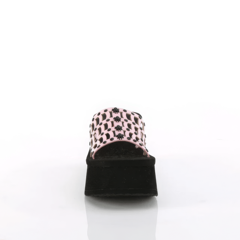 DEMONIA Pink Holo Platform Sandal with Spider Web Design