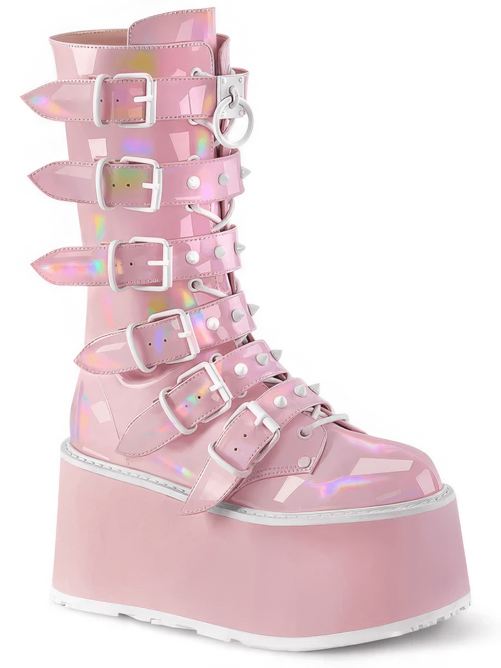 Pink hologram mid-calf platform boots with buckle straps and edgy design.