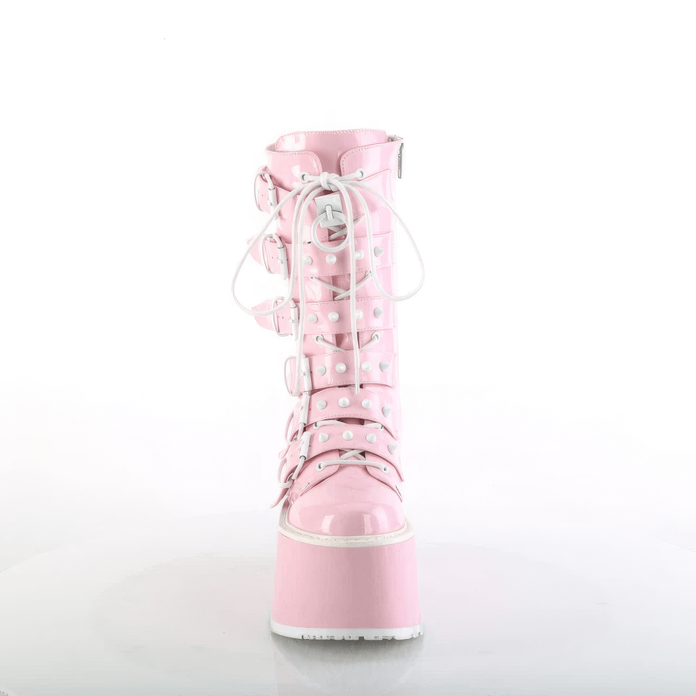 Daring Demonia pink hologram mid-calf platform boots with lace-up front and cone-studded buckle straps.