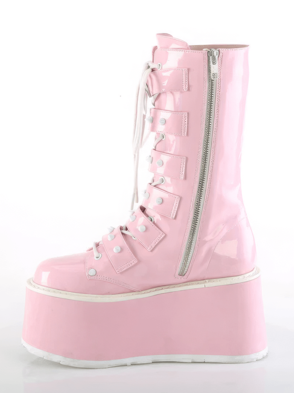 Pink hologram mid-calf platform boots with lace-up front and buckle straps for a daring, edgy look.