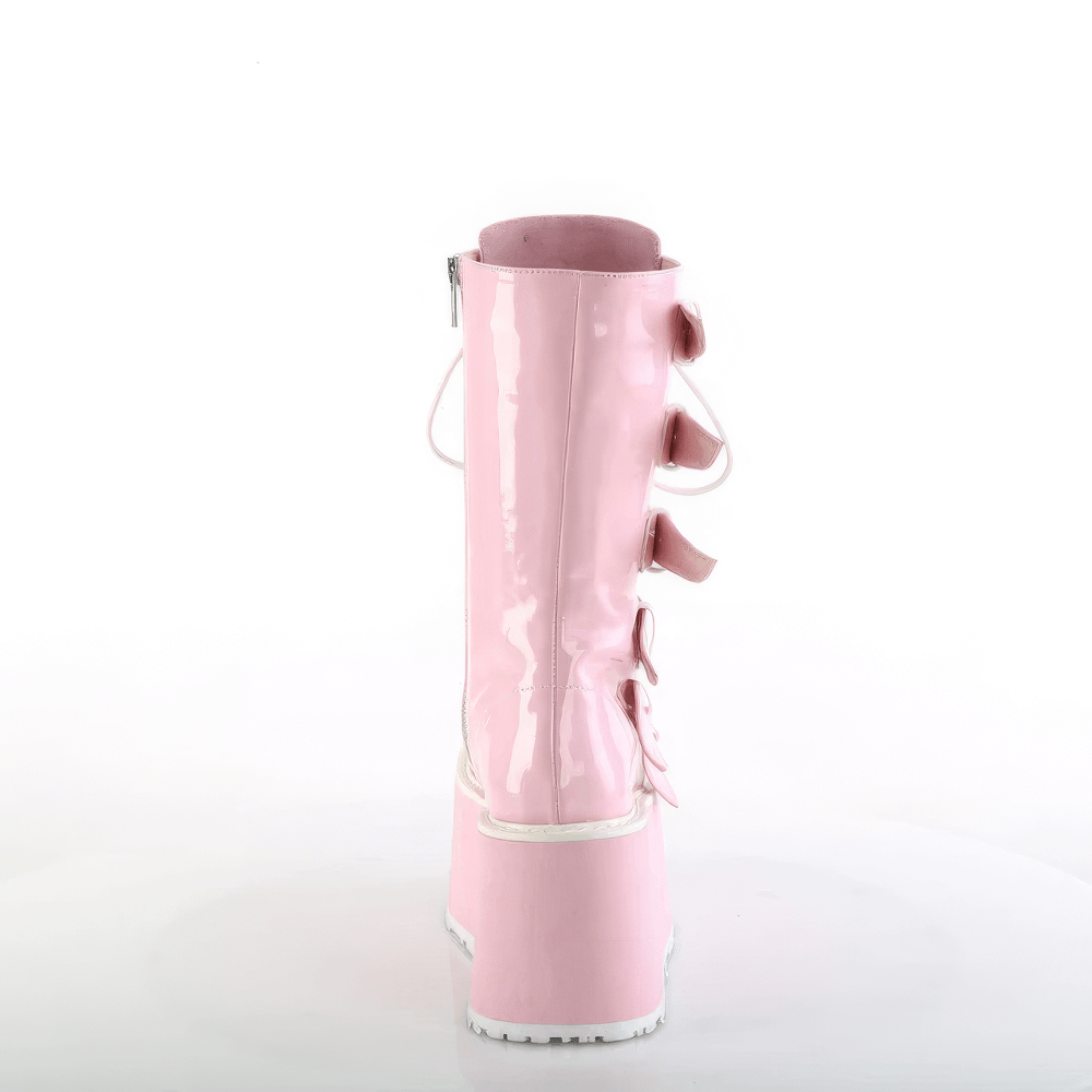 Back view of Demonia pink hologram mid-calf platform boots with buckle straps and a shiny finish.